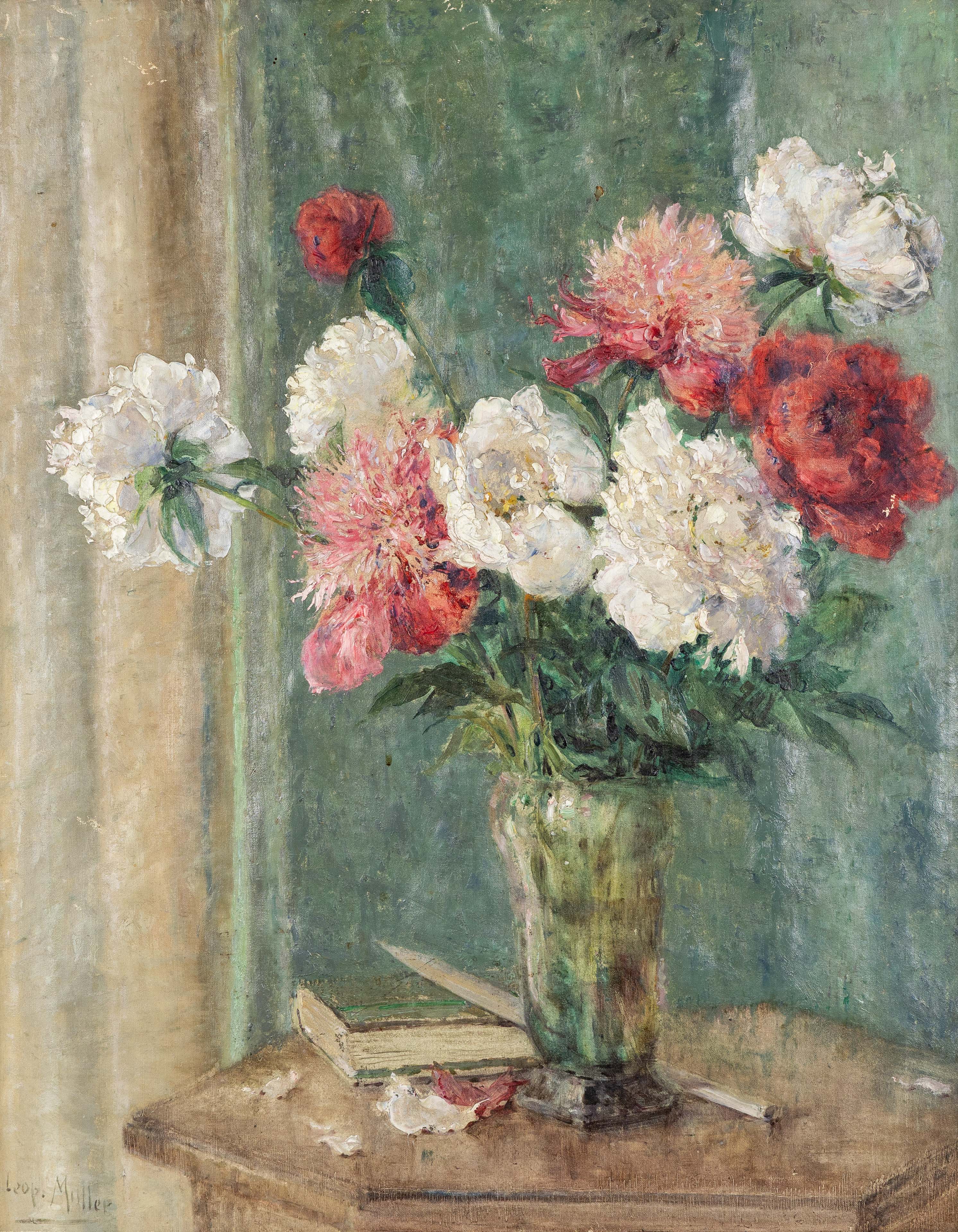 Leopold Muller (1879-1961) 'Stilleven met Pioenrozen', olie op doek. (L:55 x H:70 cm)